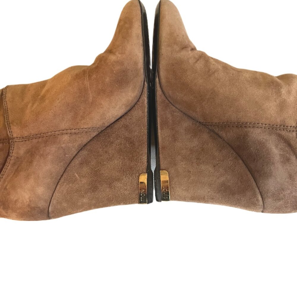 Louis Vuitton Camel Suede Slouch Wedge Boots Gold Metal Logo on Heels Size  37/7 - Picture 11 of 14